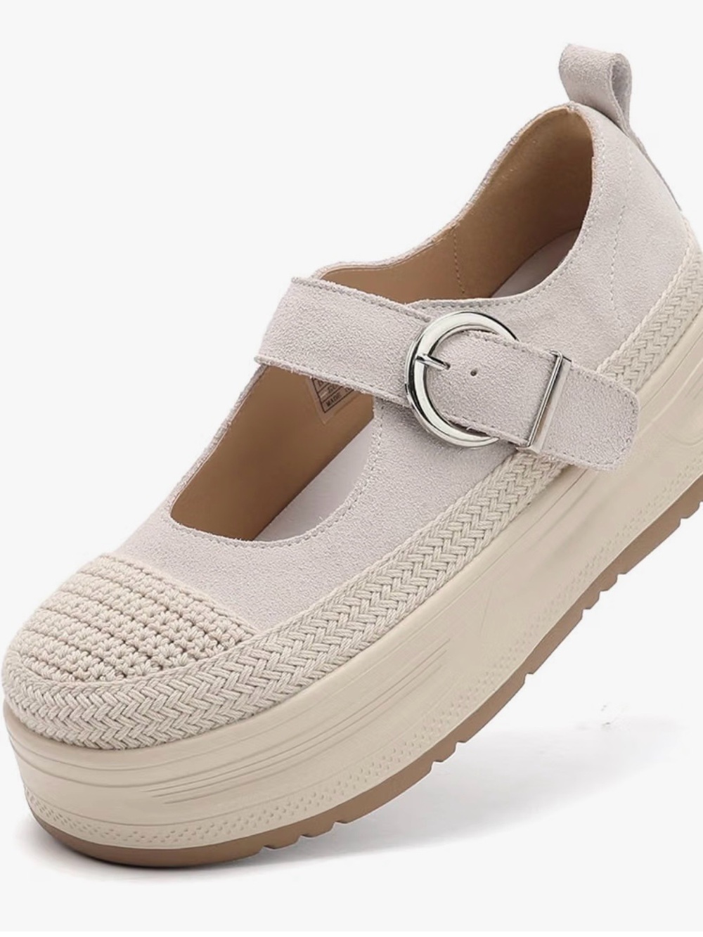 SUEDE MARY JANES | Women’s Platform Shoes in Cream - Knit Toe w/Buckle